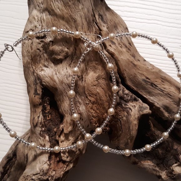 Thriftyposh910 Jewelry - Extra Large Silver and Pearl Hoop Earrings Hoops